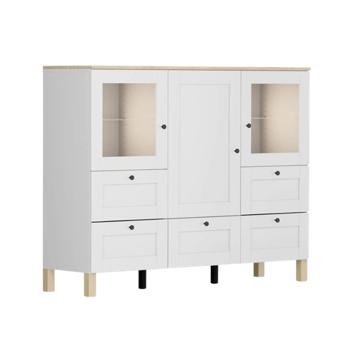 [S499-KOM/150/100/40_1-BI/BI-BC-KPL01] Modeo chest of drawers 150 cm, display cabinet with 3 doors and 5 drawers